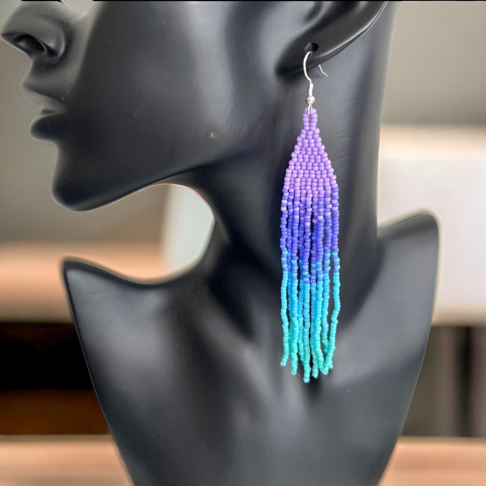 Handmade Seed Bead Beaded Earrings in Purple, Blue, and Turquoise 4.75” Long - Picture 2 of 4